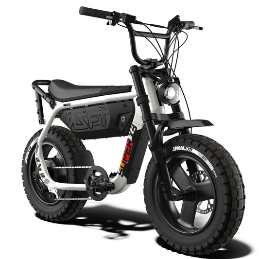 Super73 MZFT SE eBike in Baja 2 color, side view, showcasing rugged tires and minimalist frame design