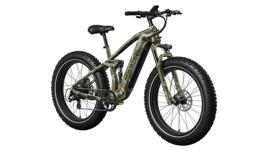 Side view of the MOKWHEEL Obsidian eBike in black, showcasing its sturdy frame, thick tires, and integrated battery on a white background.