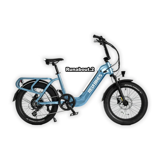eBike Revi Runabout.2 in Water Blue color, packaged inside its shipping box