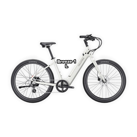 Large product image of the Velotric Breeze 1 eBike in Satin White, large frame, shown in its box.