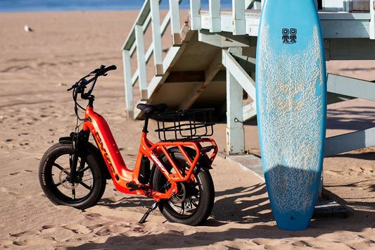 A 48v 750w CYKE Collie Cargo electric cargo eBike with mini fat tires, shown in a product image.