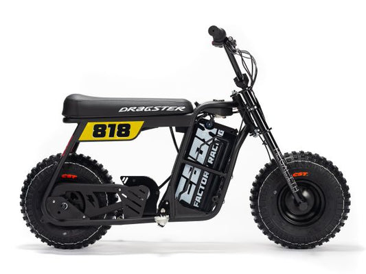 A black and green eMOTO Stomp Ebox Dragster Micro Electric Pit Bike, side view, on a white background.