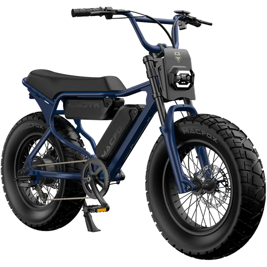 Macfox X7 electric moto-style eBike in Navy Blue, X7 trim, dual battery