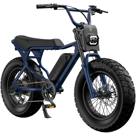 Macfox X7 electric moto-style eBike in Navy Blue, X7 trim, single battery