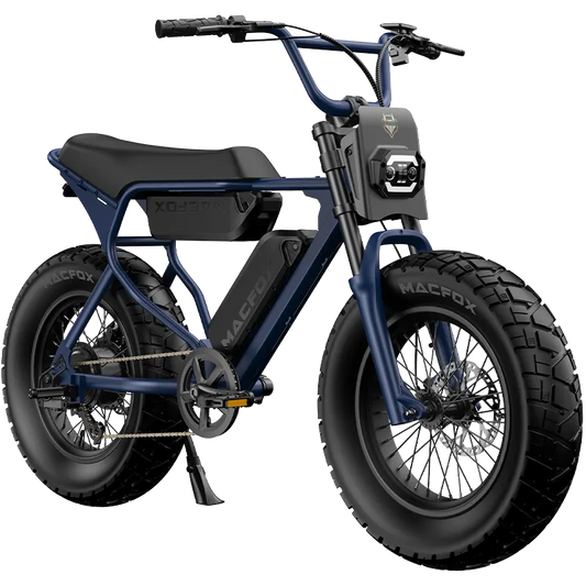 Macfox X7 electric moto-style eBike in Navy Blue, X7L trim, dual battery