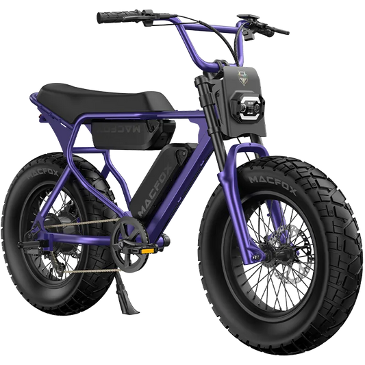 Macfox X7 electric moto-style eBike in Nebula Purple, X7L trim, dual battery