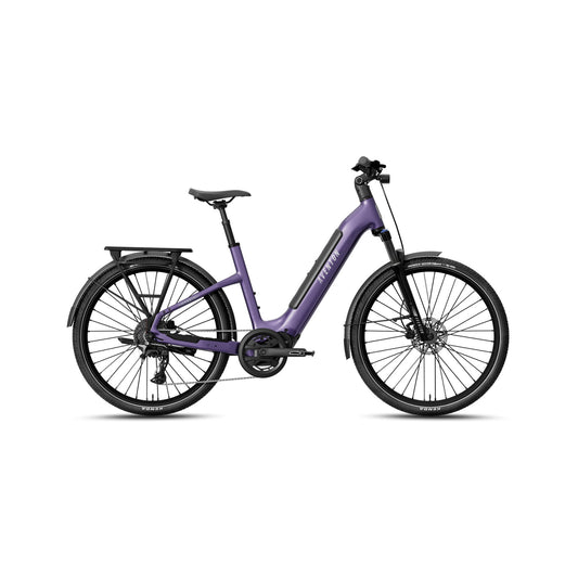 Aventon Level 4 ADV Step-Thru electric bike in Haze color, side view, showcasing frame design, integrated battery, and upright handlebars.