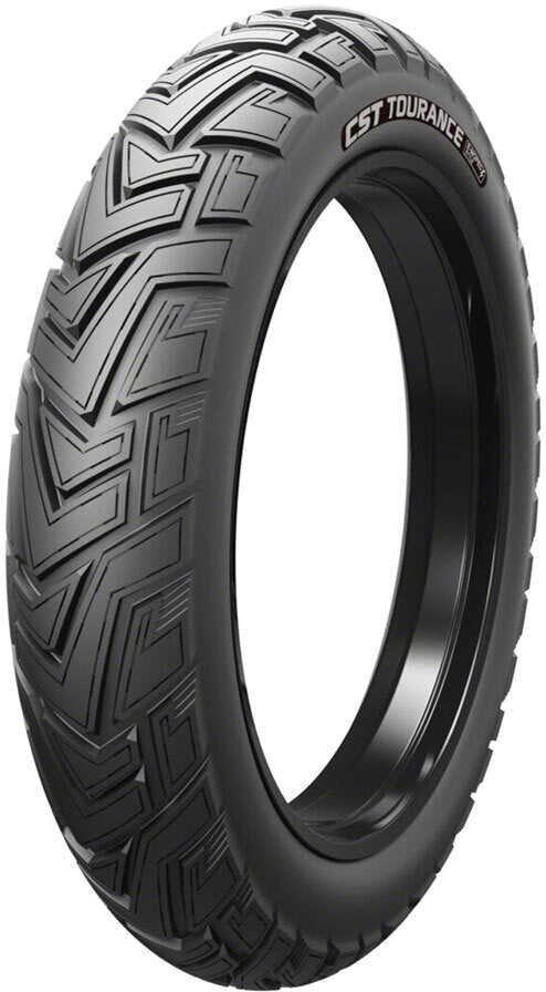 A pair of CST Tourance motorcycle tires with a tread pattern designed for both on-road and light off-road use.