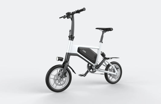 White Ampira X5 eBike, side view, showcasing sleek frame design and integrated battery