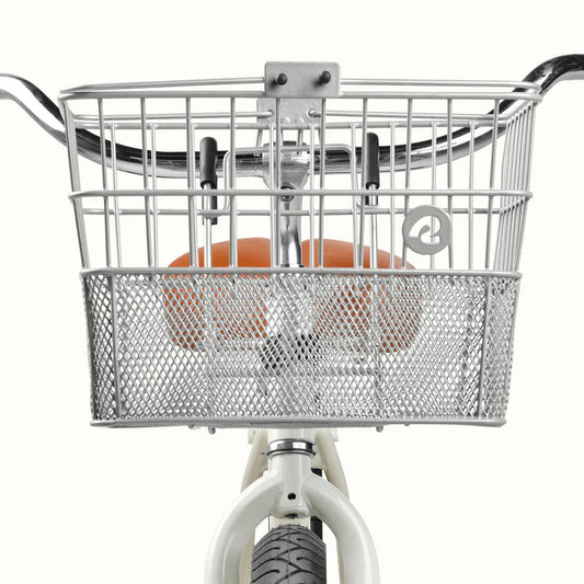 Silver Retrospec Apollo steel eBike basket attached to a bicycle, product image, side view