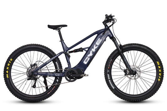 Dark blue eBike Cyke Falcon S, side view, showcasing sleek frame design and integrated battery.