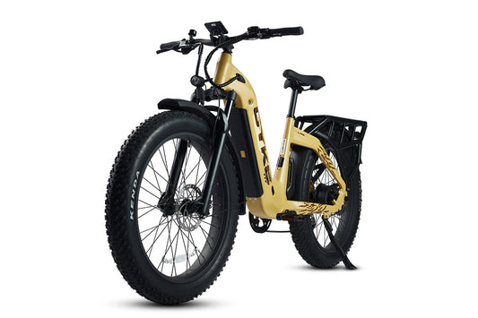 Yellow eBike Cyke Lynx bicycle, side view, Reed Yellow color, against a plain background