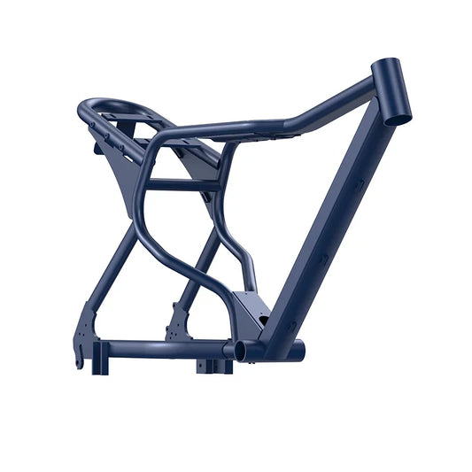 Navy blue Macfox X7 eBike frame, side view, isolated on white background