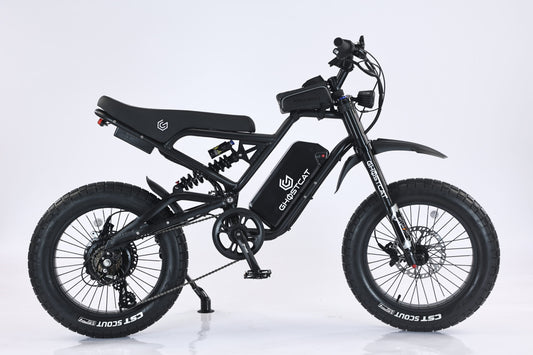 Black eBike Ghostcat F3X.2, side view, blackout edition, displayed on a white background.