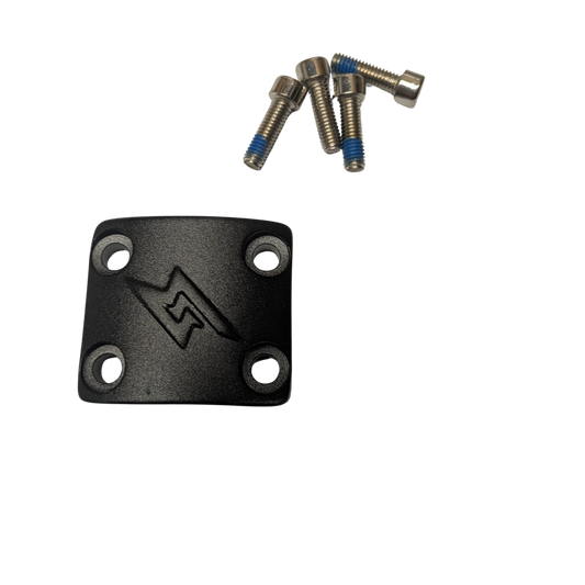 Black Super73 handlebar clamp with bolt, featuring the Super73 logo, designed for eBike handlebars, displayed against a plain background.