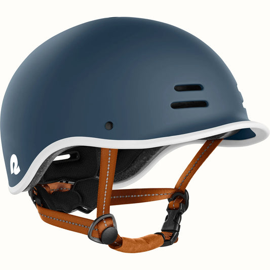 Matte navy Retrospec Remi eBike helmet, side view, with adjustable straps and ventilation holes