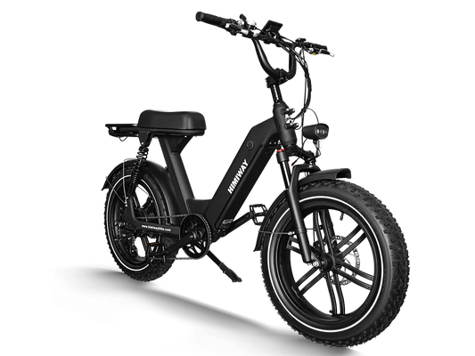 Side view of the Himiway Escape Pro eBike in black, showcasing its fat tires, step-thru frame, rear rack, and front suspension fork against a white background.