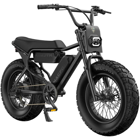 A black Macfox X7 eBike with dual batteries, shown from a side angle against a plain background.
