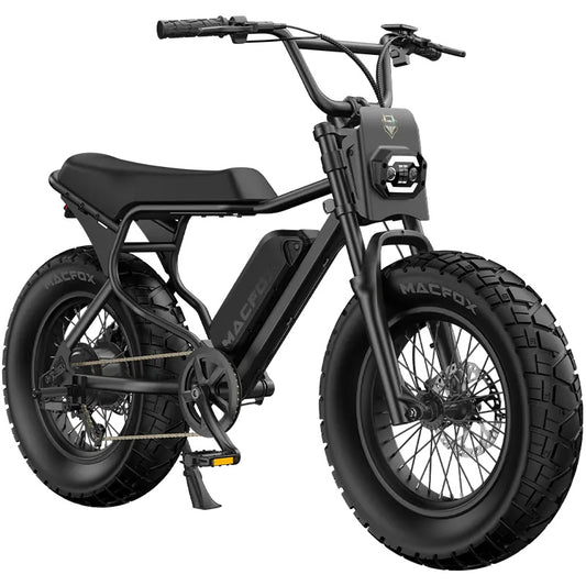 Black Macfox X7 eBike, side view, single bike against a plain background