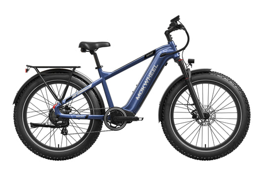 Dark blue Mokwheel Basalt 2.0 Step Over electric bike, side view, on a plain background.