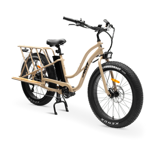eBike MURF Alpha Cargo Fat Tire Beach Cruiser 52v in desert setting, side view, showcasing large tires and cargo rack