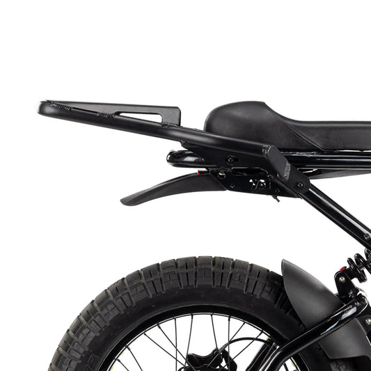 Black metal rear rack mounted on the back of a Super73 R-Series electric bike, designed for carrying cargo or accessories.