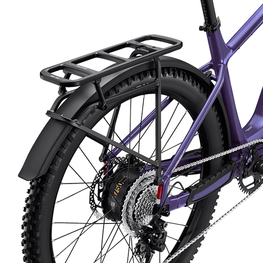 Side view of the Velotric Summit 2 modular rear rack attached to an eBike, showcasing its sturdy black metal frame and mounting points.