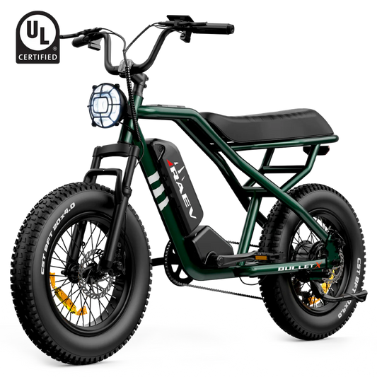 Metallic green Raev Bullet X eBike side view with black tires and sleek frame design