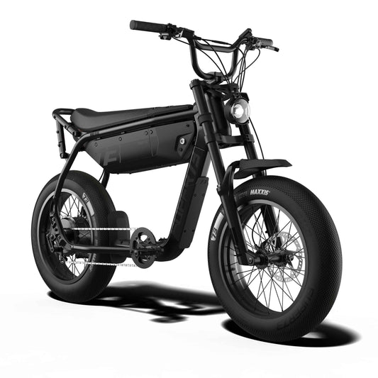 Side view of the Super73 B1G SE electric bike in blackout color, featuring a sleek black frame, thick tires, and minimalist design against a plain background.