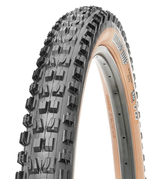 29-inch Maxxis Minion DHF eBike tire with tan sidewall, size 29x2.50, shown from a side angle against a white background