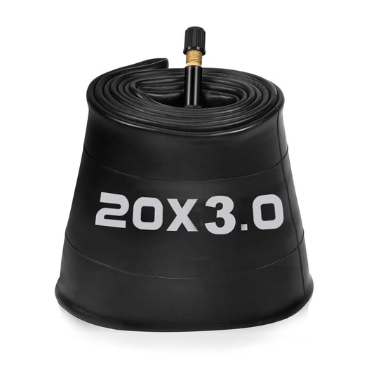 A 20x3 self-sealing inner tube for eBikes, shown coiled with a visible valve stem and product labeling.