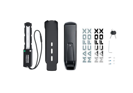 Product image showing the Macfox X7/X7L eBike Dual Battery Upgrade Kit, featuring two batteries and connection components arranged for display.