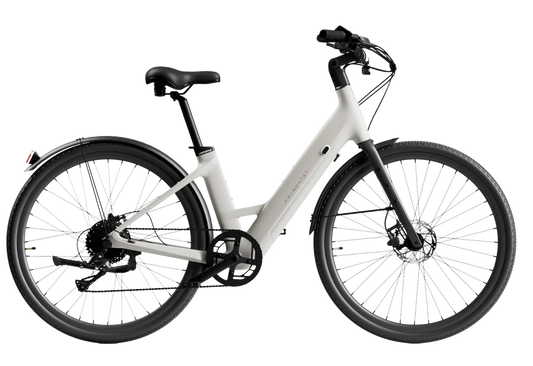 Urtopia Carbon Classic Step Thru eBike in creme color, side view, showcasing lightweight carbon frame and step-through design