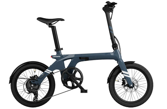 Aegean Blue Urtopia Carbon Fold 1 eBike, side view, folded, against a white background