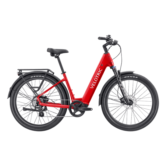 Velotric Discover 2 electric bike in Cherry Crimson color, side view, against a white background