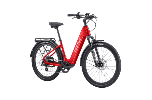 Velotric Discover 2 electric bike in Cherry Crimson color, side view, against a white background