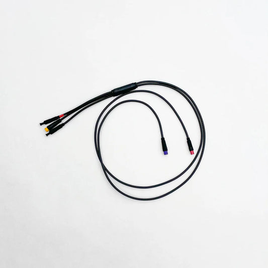 Product image of an eBike wiring harness compatible with Super73 R, RX, S2, and Adventure models, featuring multiple connectors and attached lighting components.