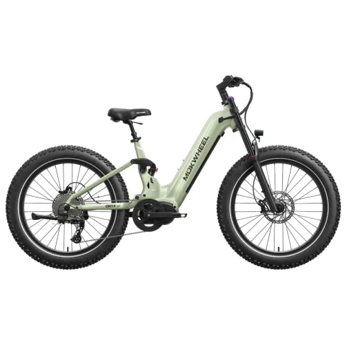 A mint green Mokwheel Onyx ST electric bike shown from a side angle, highlighting its step-through frame, battery, and wheels.