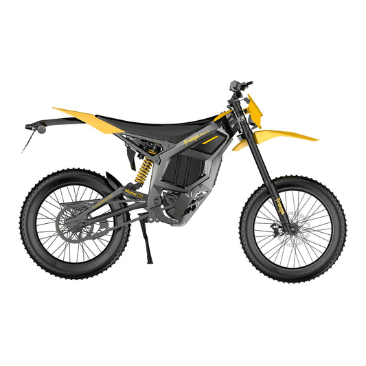 Yellow Freego Nova 5 electric bike side view, showcasing frame design, wheels, and battery compartment.