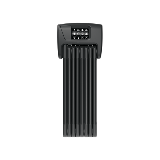 Abus Bordo Combo 6000C 120cm eMOTO eBike lock displayed in-store, showing the black folding lock with combination dial and packaging.