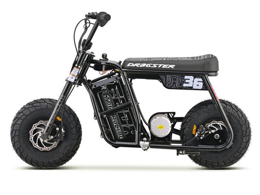 Black eMOTO EBOX Dragster electric bike, side view, against a white background