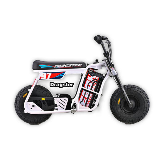 eMOTO Stomp Ebox Dragster electric bike in white, shown in its box with product packaging, model number 810206240267