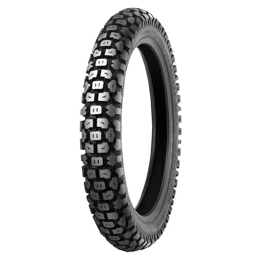 Side view of a Shinko 244 eMOTO tire, size 2.75-19, showing tread pattern and black rubber construction.