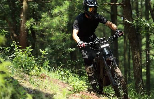 Side view of the eMOTO eRide Pro S electric dirt bike in black, featuring 17x3 off-road tires, robust suspension, and a streamlined frame.