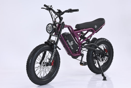 Dark purple eMOTO GHOSTCAT F3.2 electric scooter, 1500W model, side view against a dark background