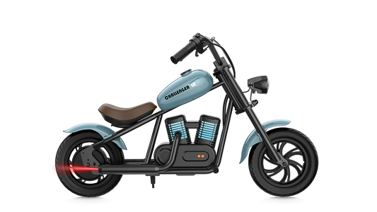 Blue eMOTO Hyper Gogo Challenger 12 Plus electric bike without training wheels, side view