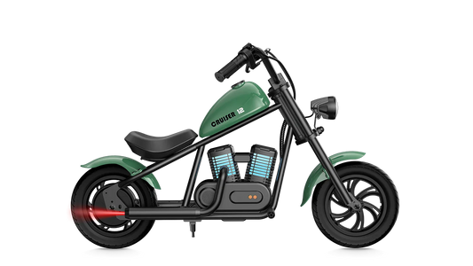 Green eMOTO Hyper Gogo Cruiser 12 Plus electric bike, side view, displayed on a white background