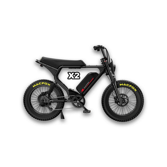 Black eMOTO MACFOX X2 electric fat tire mountain eBike, step-over frame, single battery, 750W motor, e-moto style, product image on white background.