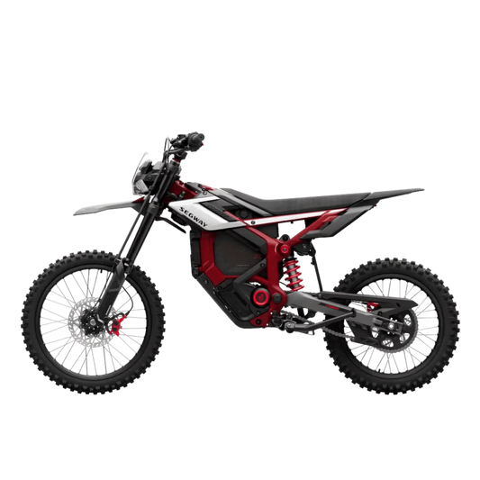 A red eMOTO Segway Xaber 300 electric motorcycle parked on a velvet-textured surface, showcasing its sleek design and modern features.