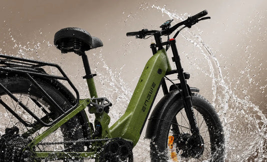 ENGWE E26 3.0 electric bike in a side view, showcasing its sturdy frame, large tires, front suspension fork, and integrated battery, set against a neutral background.